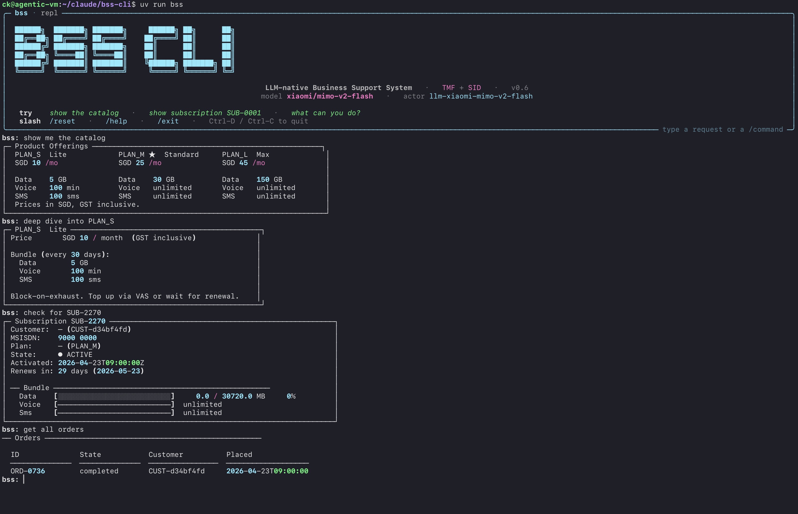 The v0.6 BSS-CLI REPL: a conversational prompt driving typed tools, with results rendered as boxed ASCII cards inline instead of raw JSON dumps.